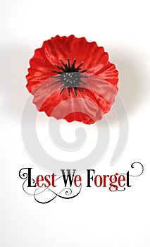 Lest We Forget, Red Flanders Poppy Lapel Pin Badge on white - vertical.