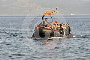 LESVOS, GREECE october 12, 2015: Refugees arriving in Greece in dingy boat from Turkey.