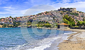 Impressive Molyvos town,view with sea,houses and castle,Lesvos island,Greece.