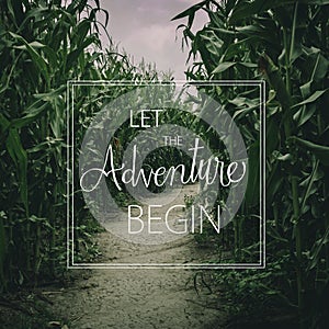 Let the adventure begin quote concept with moody summer corn maze path