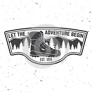 Let the adventure begin. Summer camp. Vector. Concept for shirt or logo, print, stamp or tee. Vintage typography design