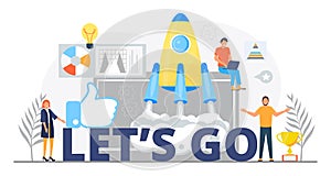 Let is go concept vector for web, homepage. Stratup metaphor with tiny people,winner prize