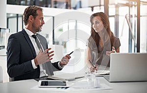 Let me explain it again...two businesspeople having a discussion in an office.