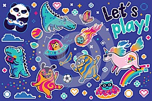 Let is play with cosmic guys, dino and unicorns sticker set. Vector illustration