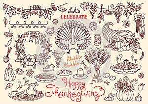 Let's celebrate Happy Thanksgiving doodles set