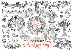Let's celebrate Thanksgiving Day doodles set