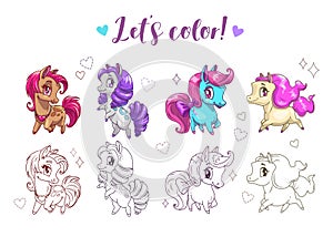 Let s color pony. Funny cute cartoon little chibi horses, colorful and contour pictures.