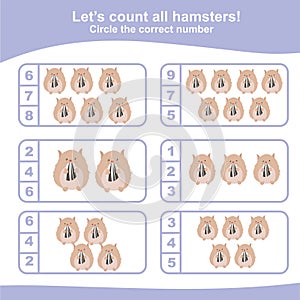 Counting all hamsters game for Preschool Children. Educational printable math worksheet. Additional math game for kids. photo