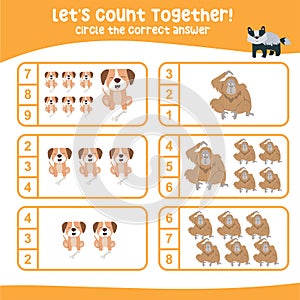 Let’s counting the dogs and orang utans together and circle the number on the worksheet.