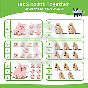 Let’s counting the pigs and quokkas together and circle the number on the worksheet.