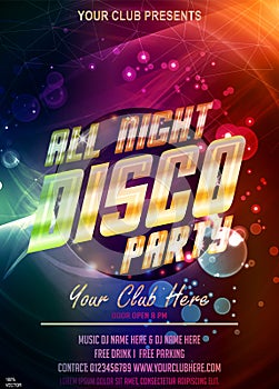 Let`s dance party invitation. All night disco vector poster with chic gold flare headline and bokeh