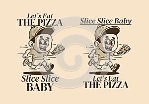 Let\'s eat the pizza, illustration of a little boy running and holding a slice of pizza