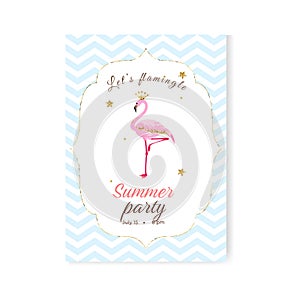 Let\'s flamingle. Summer party invitation template. A pink flamingo, glitters and stars photo