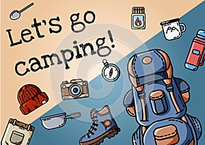 Lets go camping poster. Set of flat style icons arranger on a banner. Hiking motivation