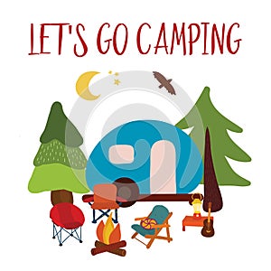 Let`s go camping Travel vector illustration - summer camping. Blue camping van with campfire, chairs and guitar. Forest adventure