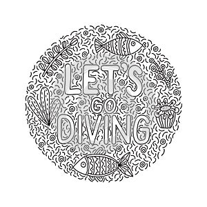 Let`s go giving. Lettering quote with cute fishes and seaweeds