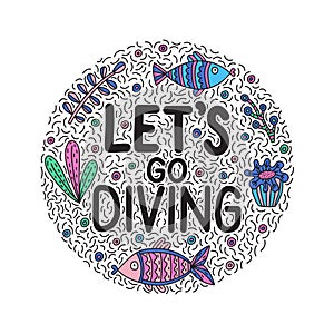 Let`s go giving. Lettering quote with cute fishes and seaweeds