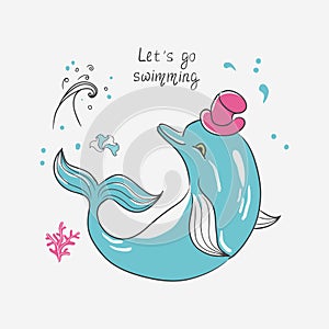 Let`s go swimming, lettering. Cartoon hand drawing with Dolphin in a hat, corals, shell, waves.