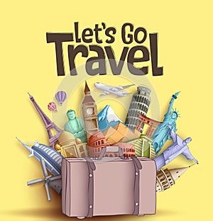 Let`s go travel vector banner design with famous world tourism attractions and travel destinations elements