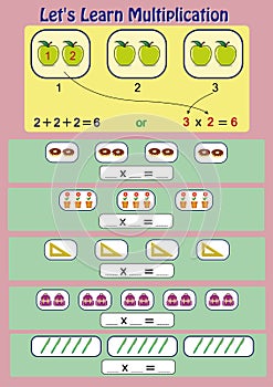 Let`s learn multiplication, mathematical activity, multiplication worksheet for students photo