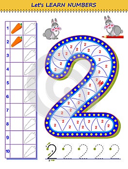 Let`s learn numbers. Educational game for children. Printable worksheet for school textbook. Kids activity sheet. Developing