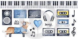 `Let`s Music` illustration pack with funny corgi dog character in earphones, various musical and celebration signs.