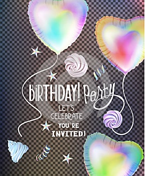Birthday party banner with colrful heartshape ait balloons cup cakes. photo
