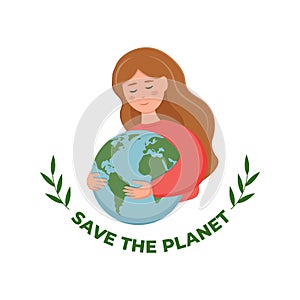 Let\'s save the planet. Cute girl hugs the planet Earth. Environment conservation saving concept. Earth day.