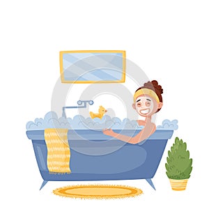 Let`s stay home. Girl washes in blue bath with yellow duck for swimming and towel, near mirror, home flower and round carpet