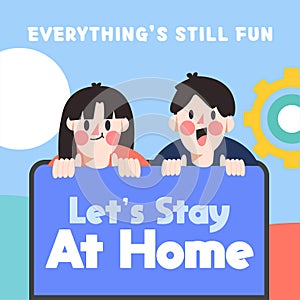 Let`s Stay At Home Kids 3 Edition Corona Covid-19 Safety Campaign Doodle Illustration