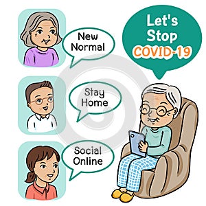 Let`s stop covid-19 ,Stay at home and social distance concept. grandfather communicates with he family and friend online,vector