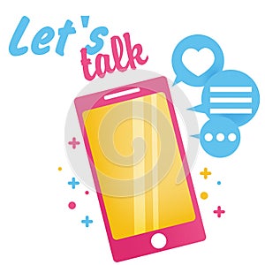 Let`s talk banner. Bright cute phone with icons of messages and likes