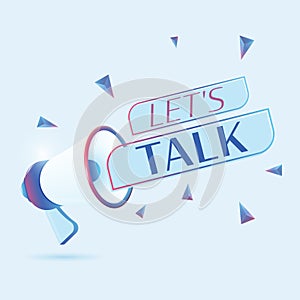 Let's talk text with 3d realistic megaphone vector illustration. Banner template to announce news about webinar in