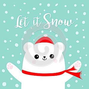 Let it snow. Polar white bear cub wearing red Santa Claus hat scarf. Head face, paw print. Cute cartoon smiling baby character. Ar