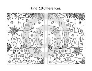 `Let it snow!` - winter or winter holidays find ten differences picture puzzle and coloring page