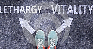 Lethargy and vitality as different choices in life - pictured as words Lethargy, vitality on a road to symbolize making decision