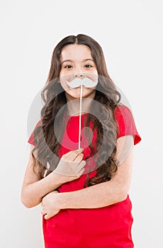 Lets be funny. party elements. happy childhood. small kid yellow background. cheerful child with beautiful long hair