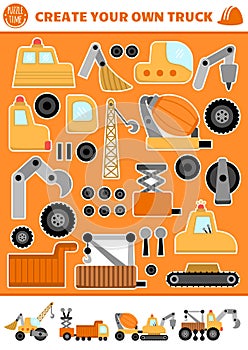 Lets build a truck cut and glue activity. Special transport educational crafting game. Construct fantasy car. Vector construction photo