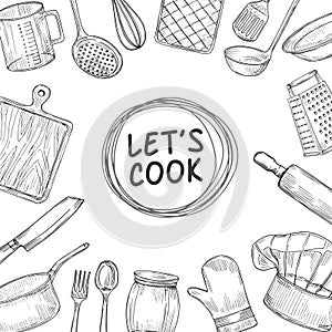 Lets cook. Cooking chef class sketch background. Culinary kitchen utensils vintage vector illustration photo