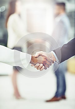 Lets do it, partner. two unrecognizable businesspeople shaking hands in a corporate office.