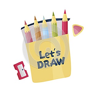 Lets draw. Vector pencils, sharpener and eraser.