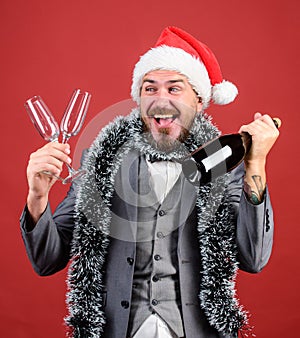 Lets drink champagne. Boss santa hat tinsel celebrate new year or christmas. Join christmas celebration. Christmas party