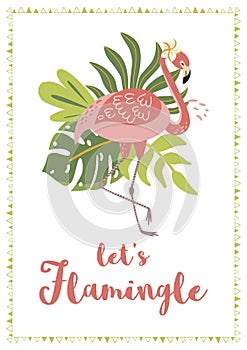 Lets flamingle text for flamingo party invitation Cute pink flamingo with tropical leaves. Vector photo