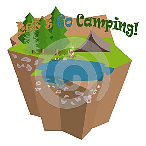 Lets go camping and fishing vector illustration. 3D isometric island. Composition of summer forest place and tent close to