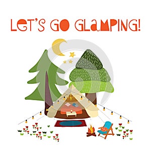 Lets go glamping - summer camping scene vector illustration. Boho teepee tent. Camp night scene with campfire, chairs, trees, moon photo