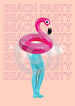 Lets go to the beach party. Woman legs and swimming circle in the form of flaminco as a body. Summer vacantion concept