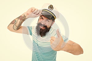 Lets go travel. Happy seaman give thumbs up. Bearded man smile with thumbs up gesture. Satisfaction and approval