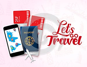 Lets go travel vector design template. Lets go travel text in empty space with travelling element.