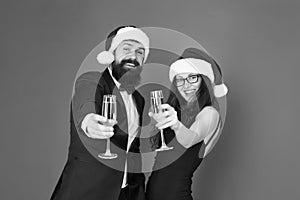 Lets have fun. Office party. Couple at corporate party. Happy new year. Bearded businessman in tuxedo and girl elegant