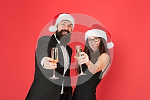 Lets have fun. Office party. Couple at corporate party. Happy new year. Bearded businessman in tuxedo and girl elegant